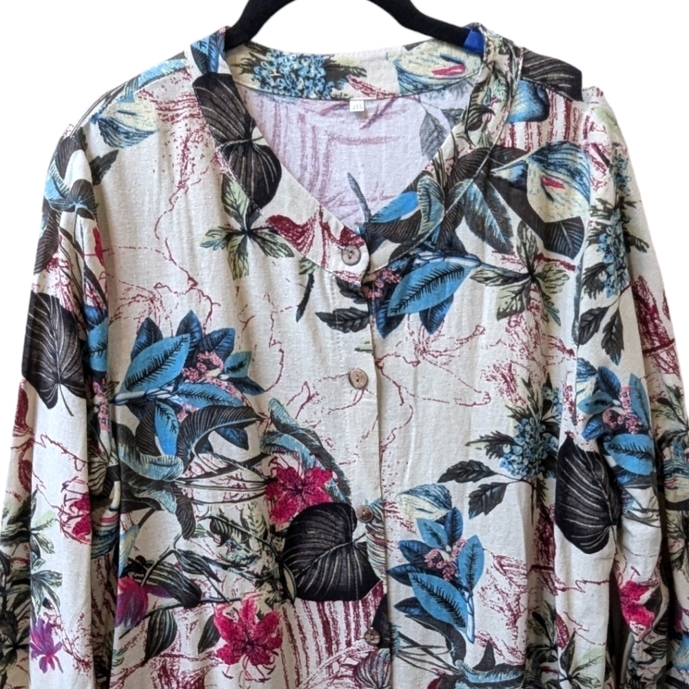 Unbranded Tropical Print Banded Collar Buttoned Shirt Front Plus Size Dress (3X) - Picture 4 of 7